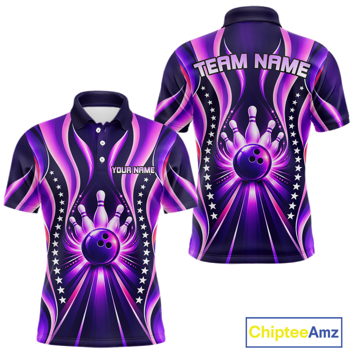 Glowing Pins Bowling Ball Shirt Custom Neon Purple Bowling Jersey Team Apparel