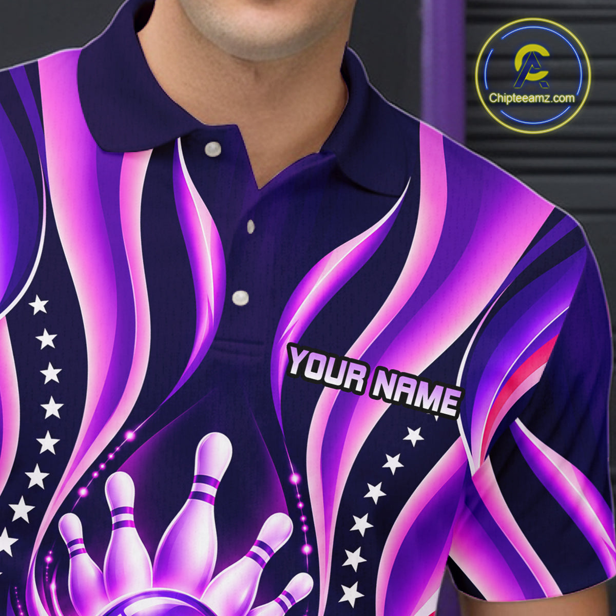 Glowing Pins Bowling Ball Shirt Custom Neon Purple Bowling Jersey Team Apparel