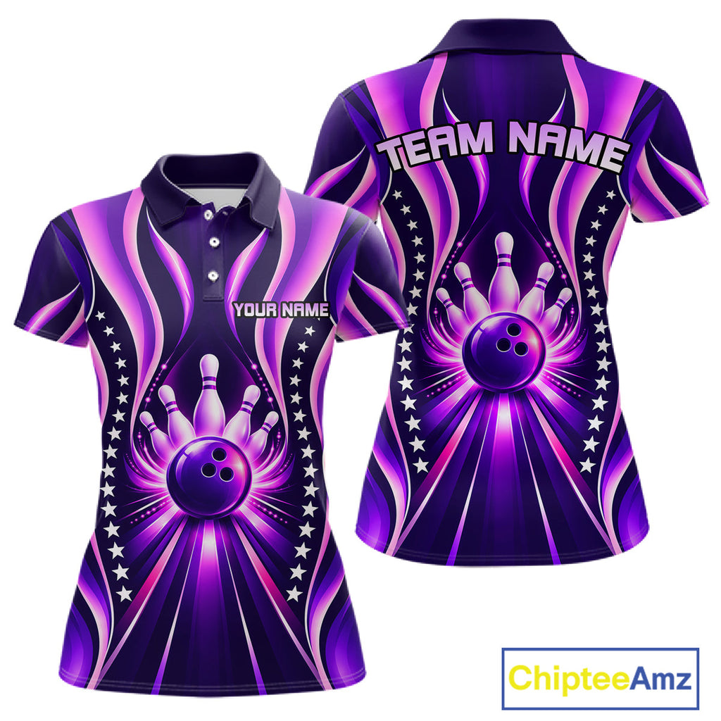 Glowing Pins Bowling Ball Shirt Custom Neon Purple Bowling Jersey Team Apparel