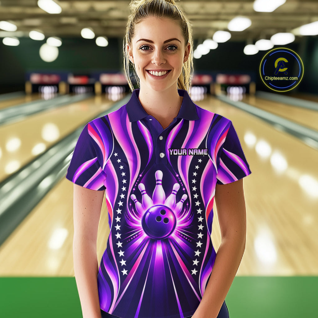 Glowing Pins Bowling Ball Shirt Custom Neon Purple Bowling Jersey Team Apparel