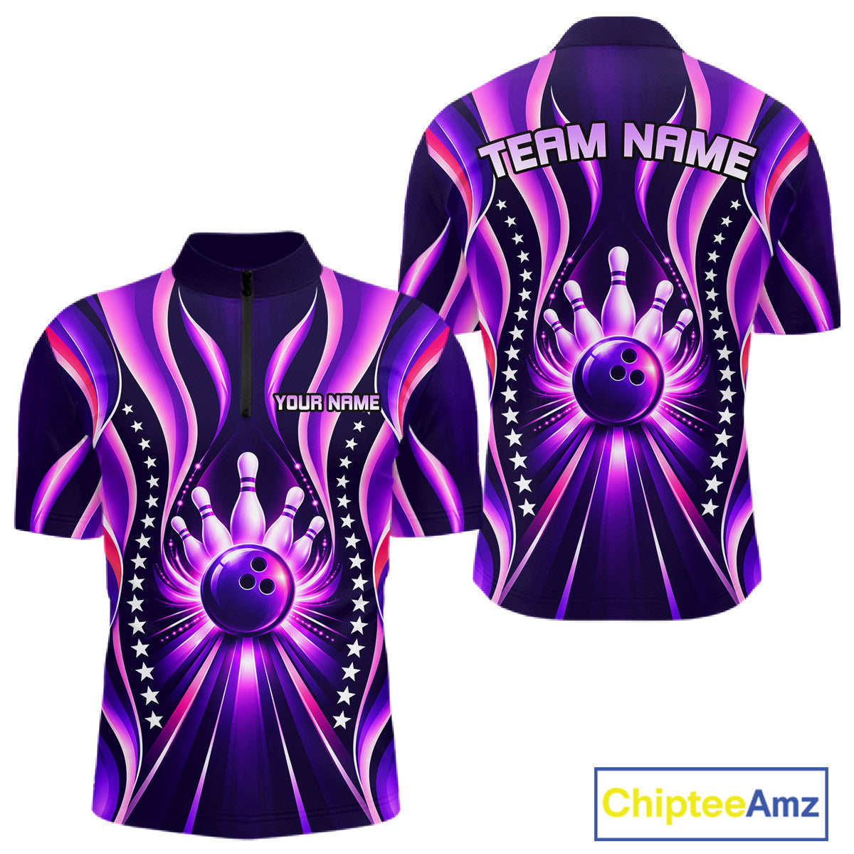 Glowing Pins Bowling Ball Shirt Custom Neon Purple Bowling Jersey Team Apparel