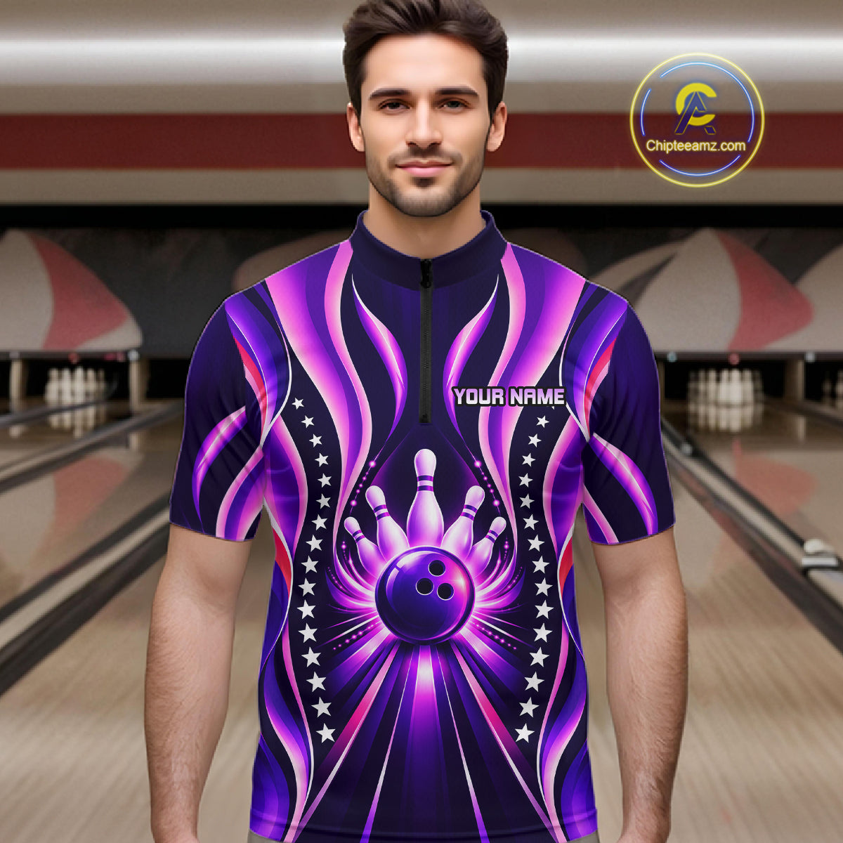Glowing Pins Bowling Ball Shirt Custom Neon Purple Bowling Jersey Team Apparel
