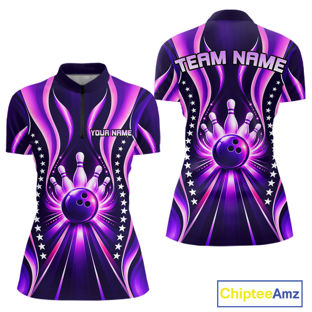 Glowing Pins Bowling Ball Shirt Custom Neon Purple Bowling Jersey Team Apparel