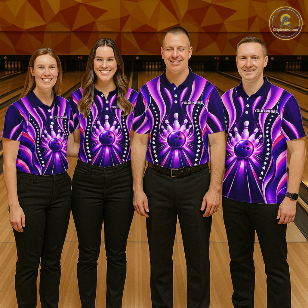 Glowing Pins Bowling Ball Shirt Custom Neon Purple Bowling Jersey Team Apparel