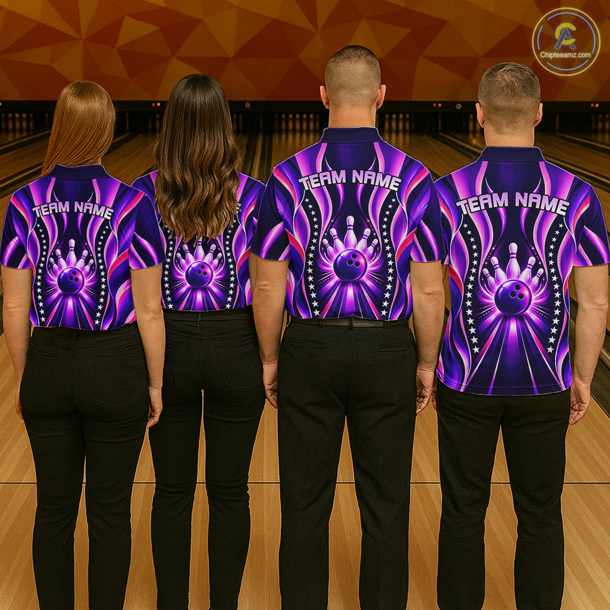 Glowing Pins Bowling Ball Shirt Custom Neon Purple Bowling Jersey Team Apparel