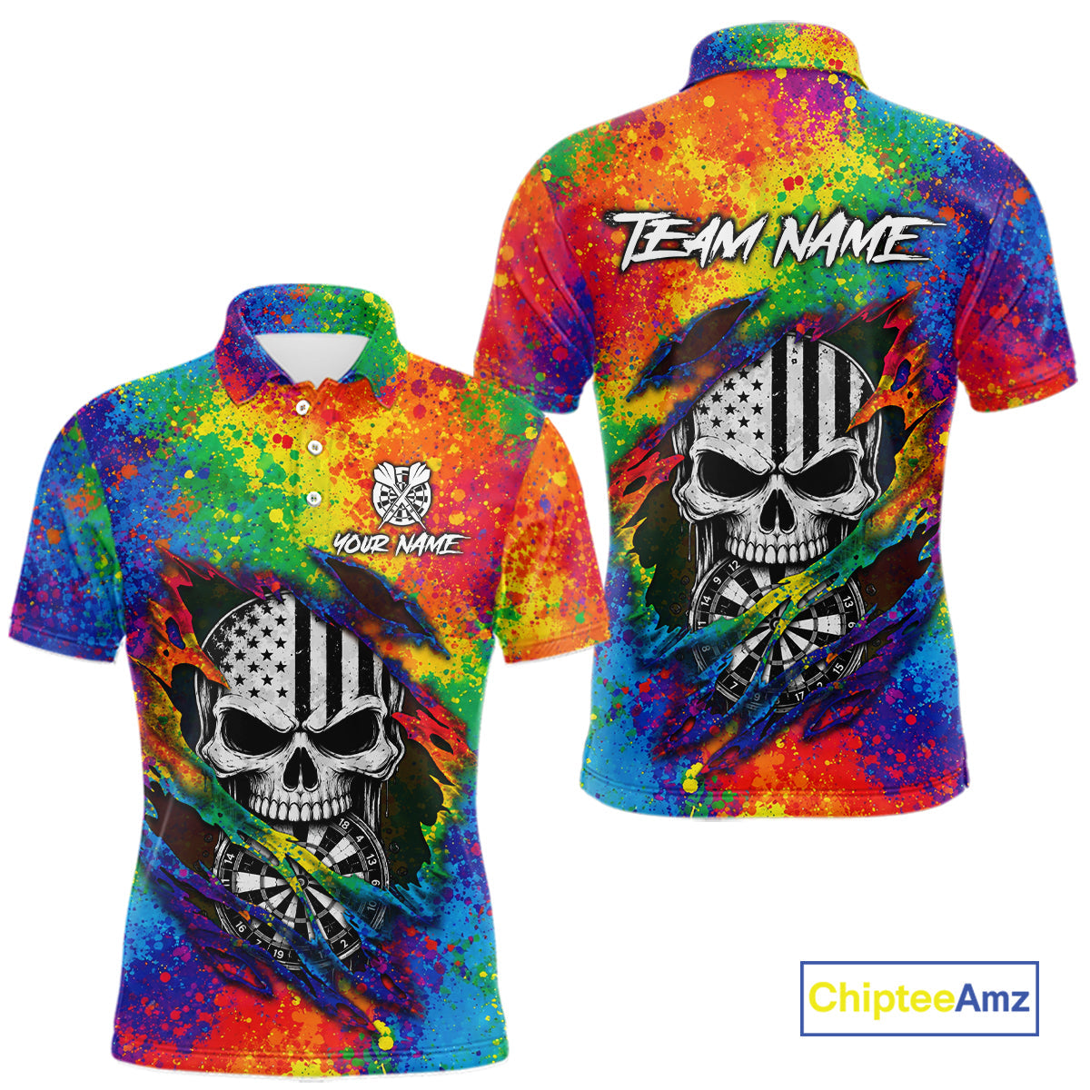 Colorful Splatter Torn Dart Shirt Custom US Flag Skull Darts Team Outfits, Darts Gifts
