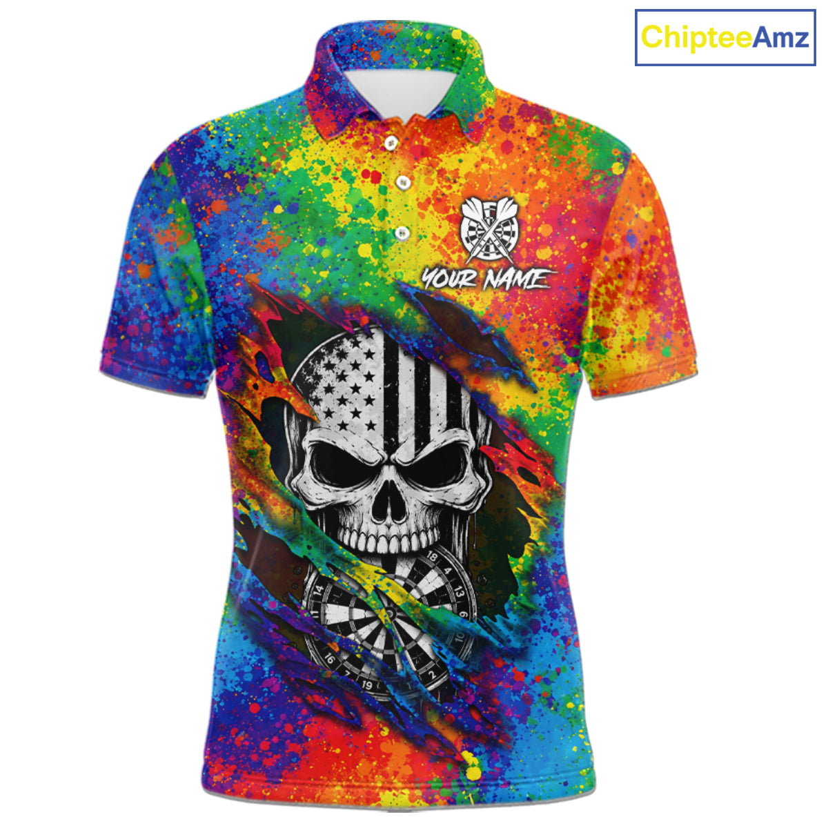Colorful Splatter Torn Dart Shirt Custom US Flag Skull Darts Team Outfits, Darts Gifts