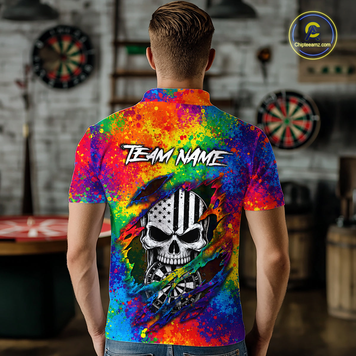 Colorful Splatter Torn Dart Shirt Custom US Flag Skull Darts Team Outfits, Darts Gifts