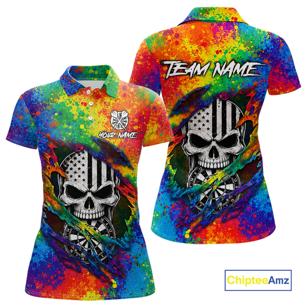 Colorful Splatter Torn Dart Shirt Custom US Flag Skull Darts Team Outfits, Darts Gifts