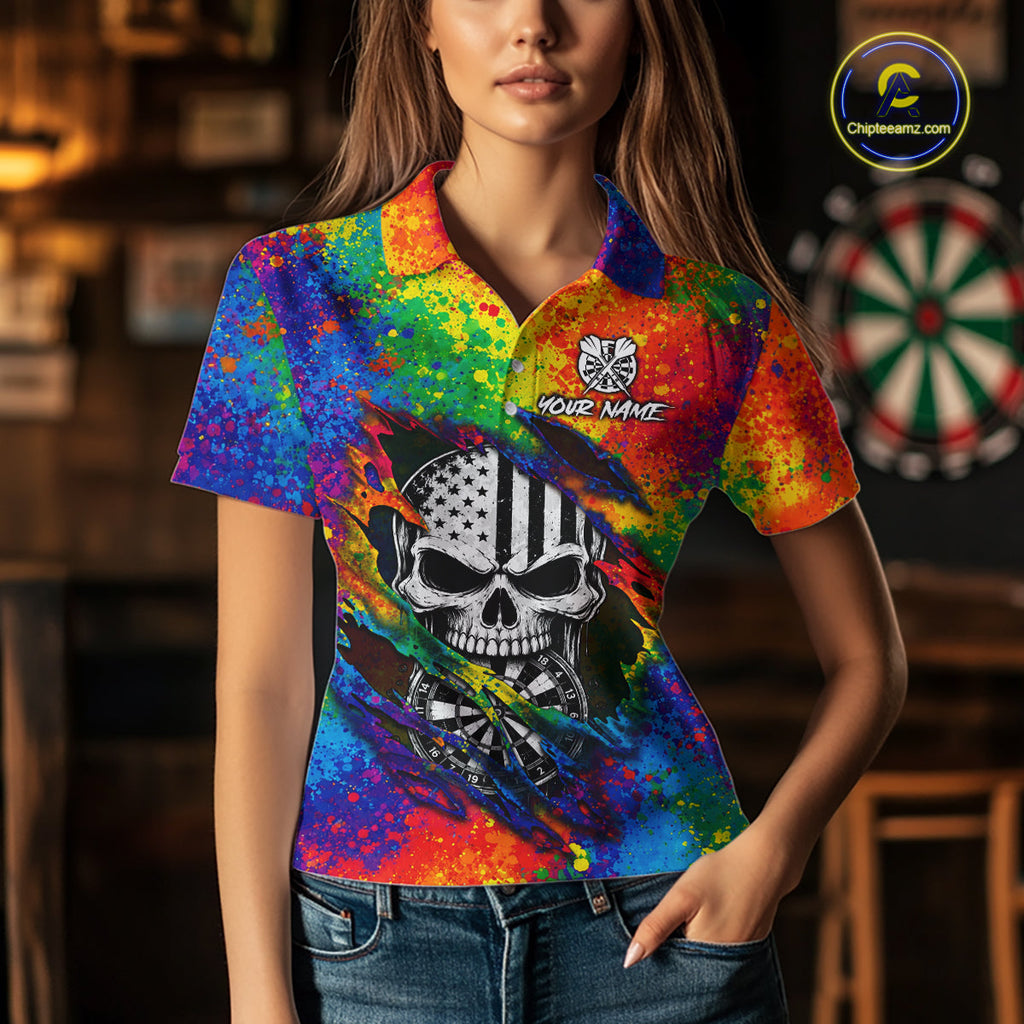 Colorful Splatter Torn Dart Shirt Custom US Flag Skull Darts Team Outfits, Darts Gifts