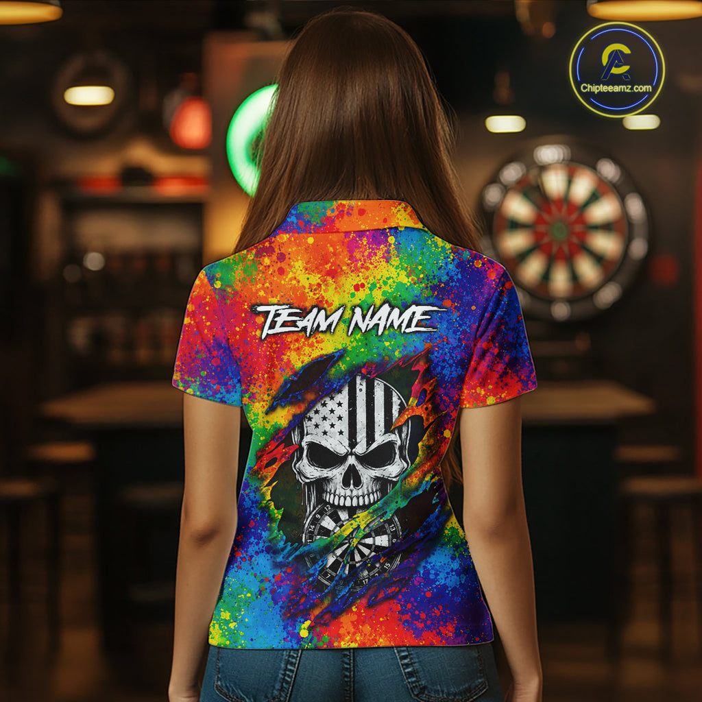Colorful Splatter Torn Dart Shirt Custom US Flag Skull Darts Team Outfits, Darts Gifts