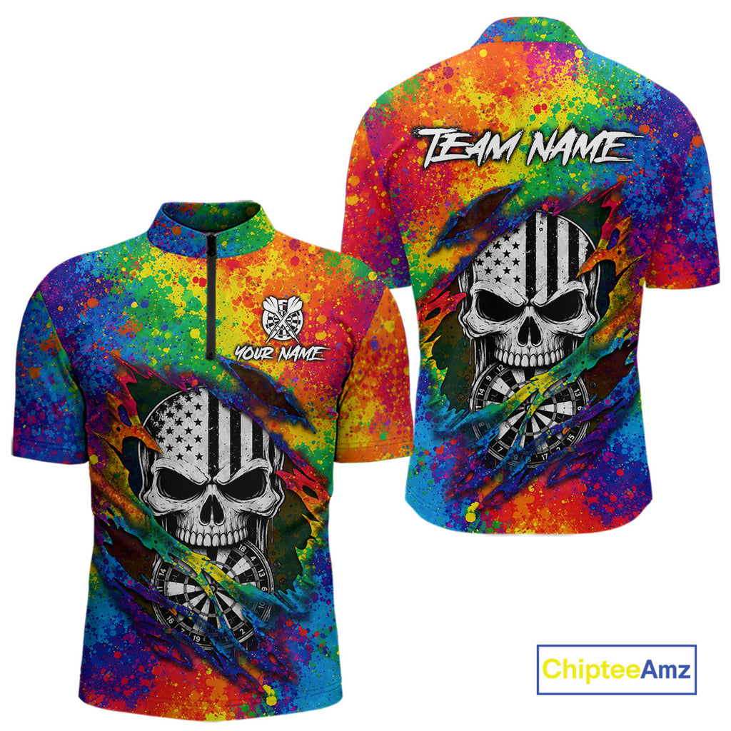 Colorful Splatter Torn Dart Shirt Custom US Flag Skull Darts Team Outfits, Darts Gifts