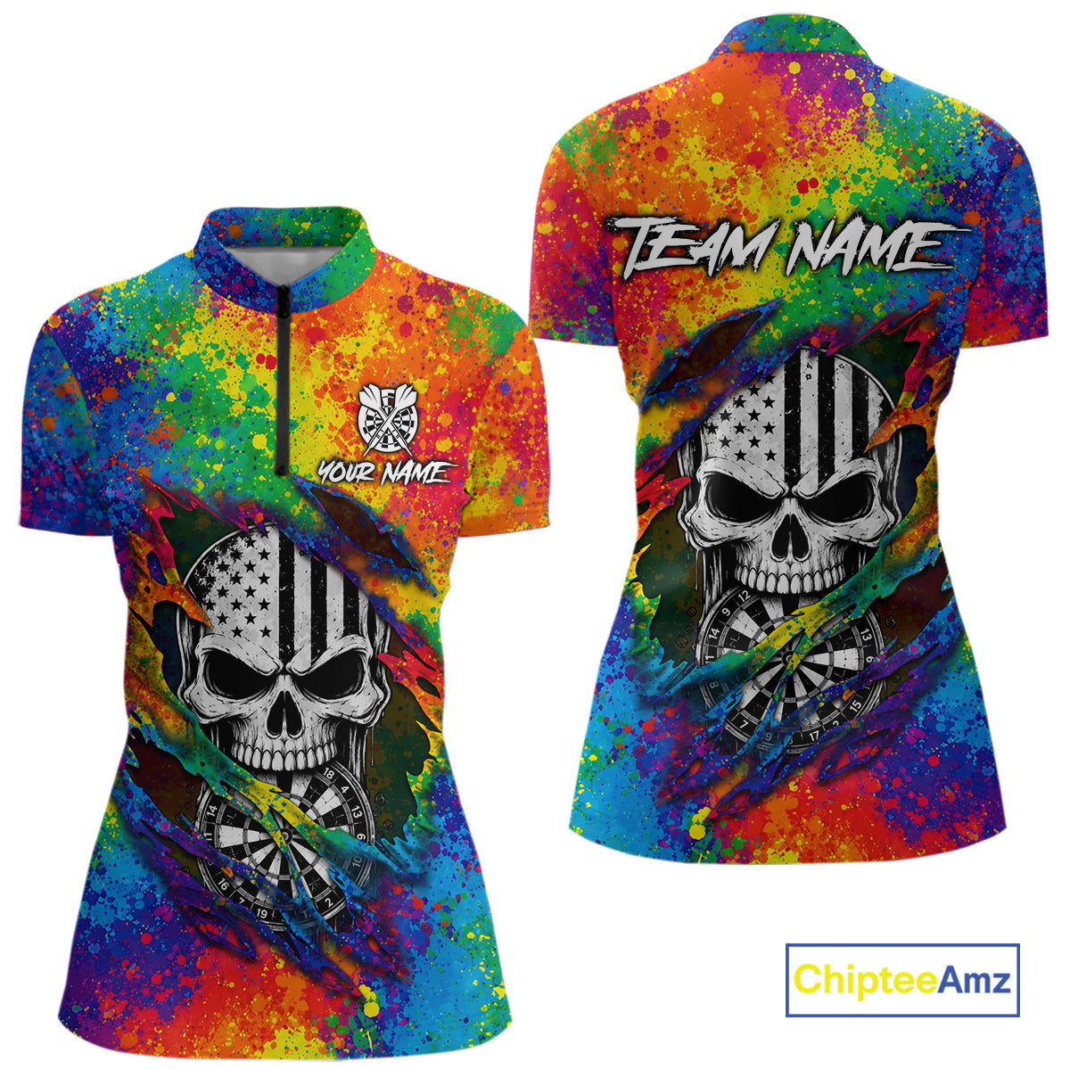 Colorful Splatter Torn Dart Shirt Custom US Flag Skull Darts Team Outfits, Darts Gifts