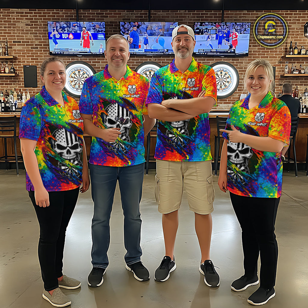 Colorful Splatter Torn Dart Shirt Custom US Flag Skull Darts Team Outfits, Darts Gifts