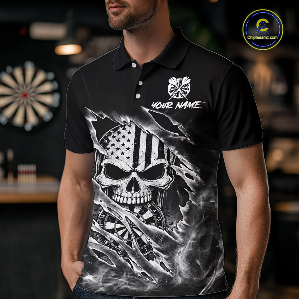 White Smokes Torn Dart Shirt Custom US Flag Skull Darts Team Outfits, Darts Gifts