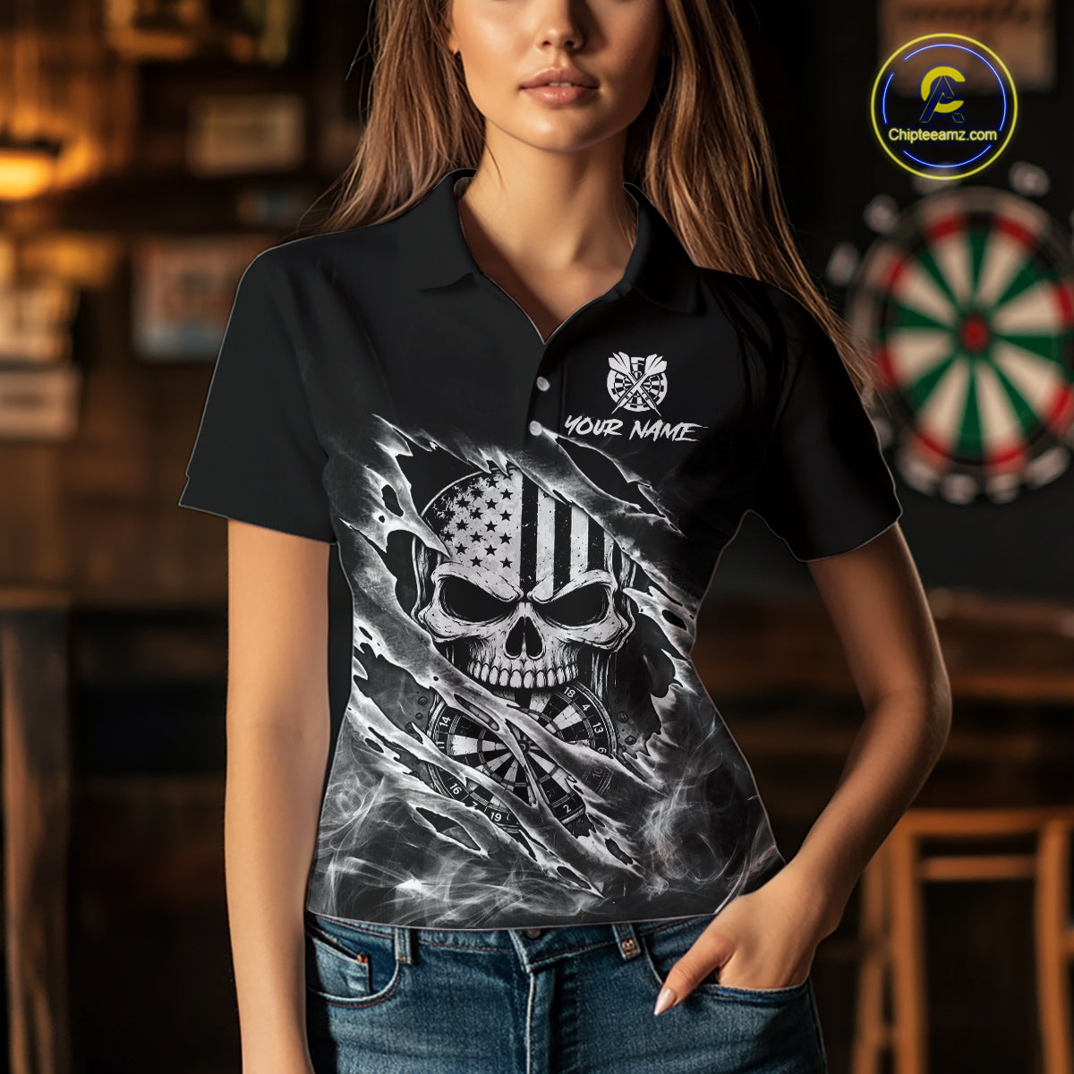White Smokes Torn Dart Shirt Custom US Flag Skull Darts Team Outfits, Darts Gifts