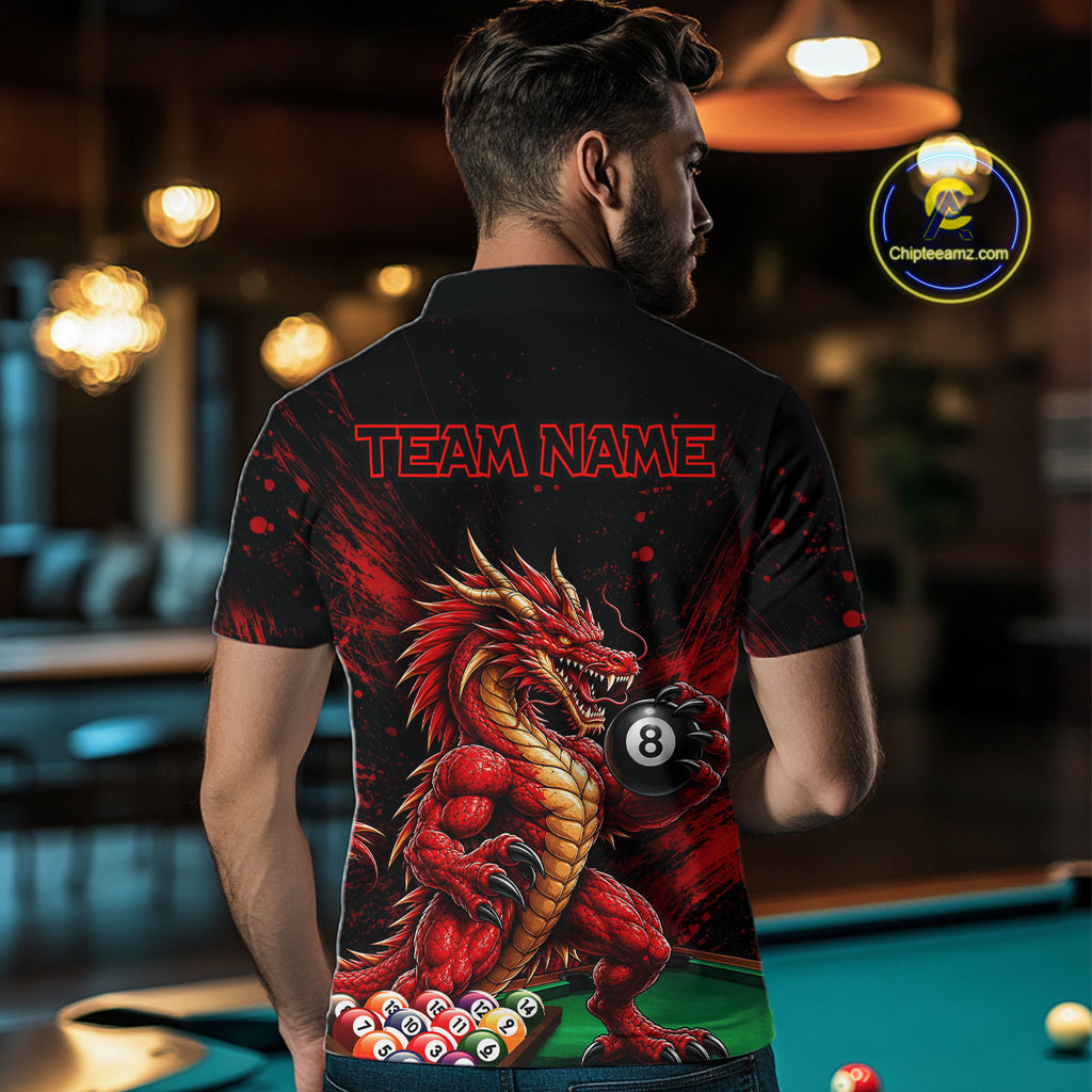Custom Red Grunge Dragon 8 Ball Billiard Pool Shirt Funny Billiard Team Jersey
