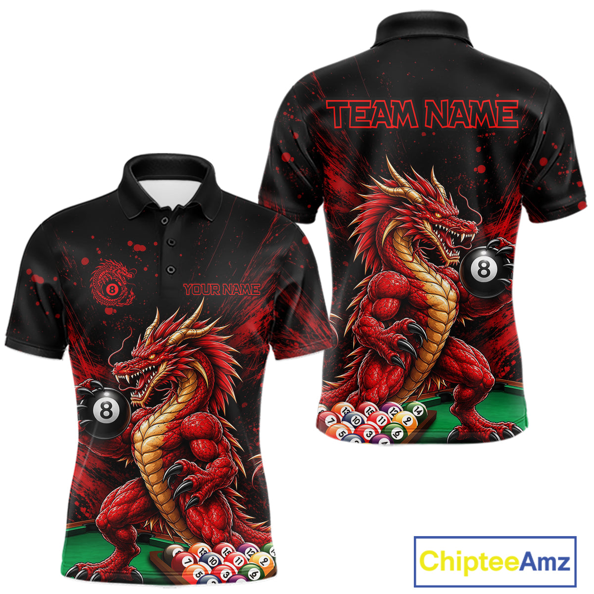 Custom Red Grunge Dragon 8 Ball Billiard Pool Shirt Funny Billiard Team Jersey