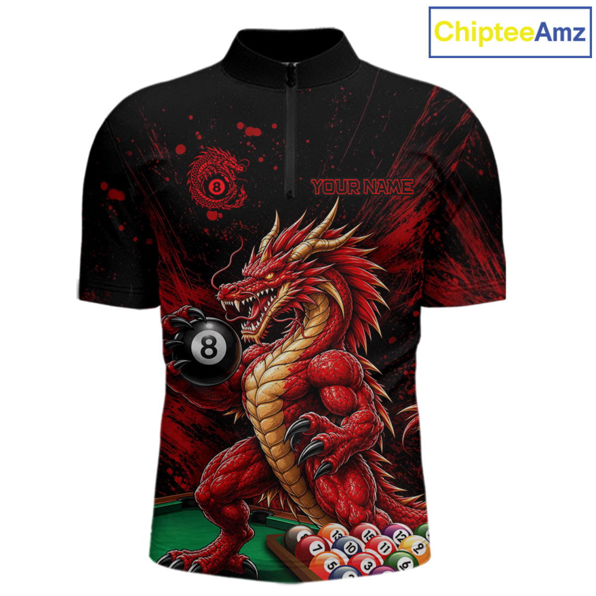 Custom Red Grunge Dragon 8 Ball Billiard Pool Shirt Funny Billiard Team Jersey