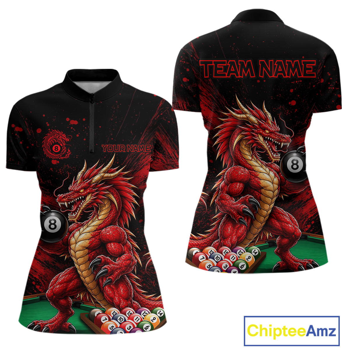 Custom Red Grunge Dragon 8 Ball Billiard Pool Shirt Funny Billiard Team Jersey