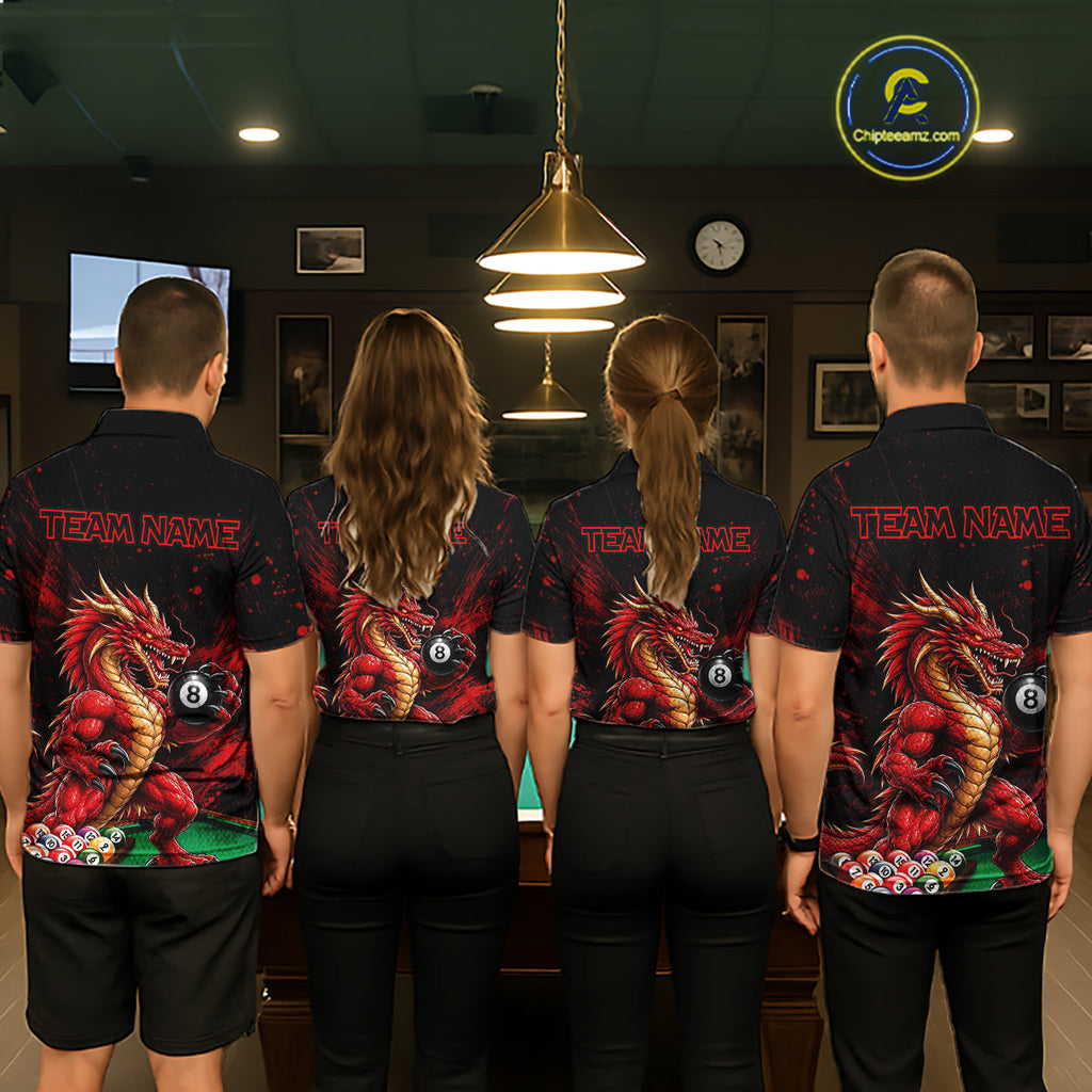 Custom Red Grunge Dragon 8 Ball Billiard Pool Shirt Funny Billiard Team Jersey