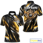 Custom Crown 8 Ball Wings Billiard Polo 1/4-Zip Shirt Silver & Gold Billiard Pool Team Jersey