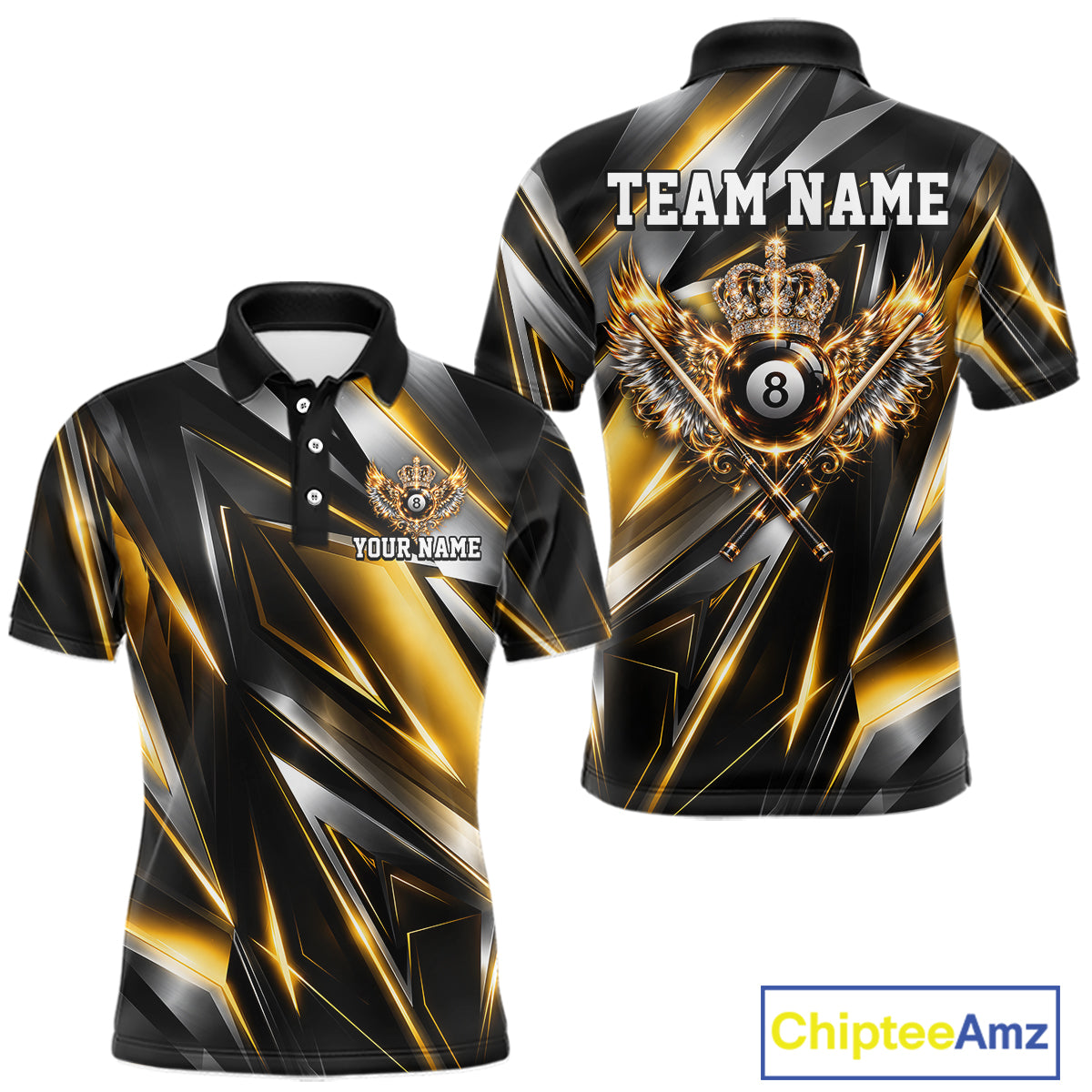 Custom Crown 8 Ball Wings Billiard Polo 1/4-Zip Shirt Silver & Gold Billiard Pool Team Jersey