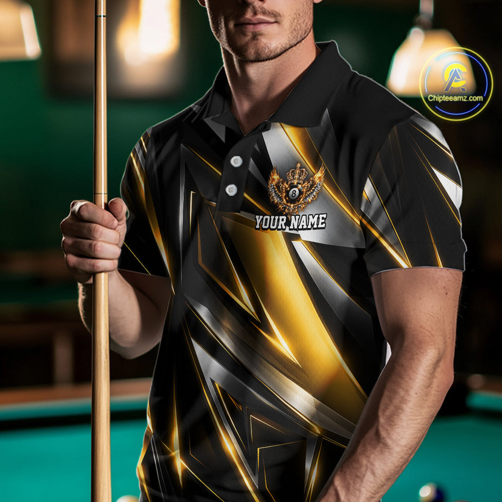 Custom Crown 8 Ball Wings Billiard Polo 1/4-Zip Shirt Silver & Gold Billiard Pool Team Jersey