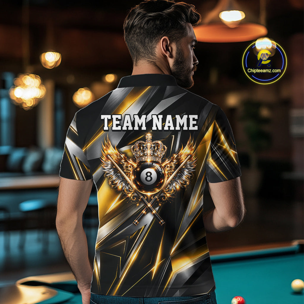 Custom Crown 8 Ball Wings Billiard Polo 1/4-Zip Shirt Silver & Gold Billiard Pool Team Jersey