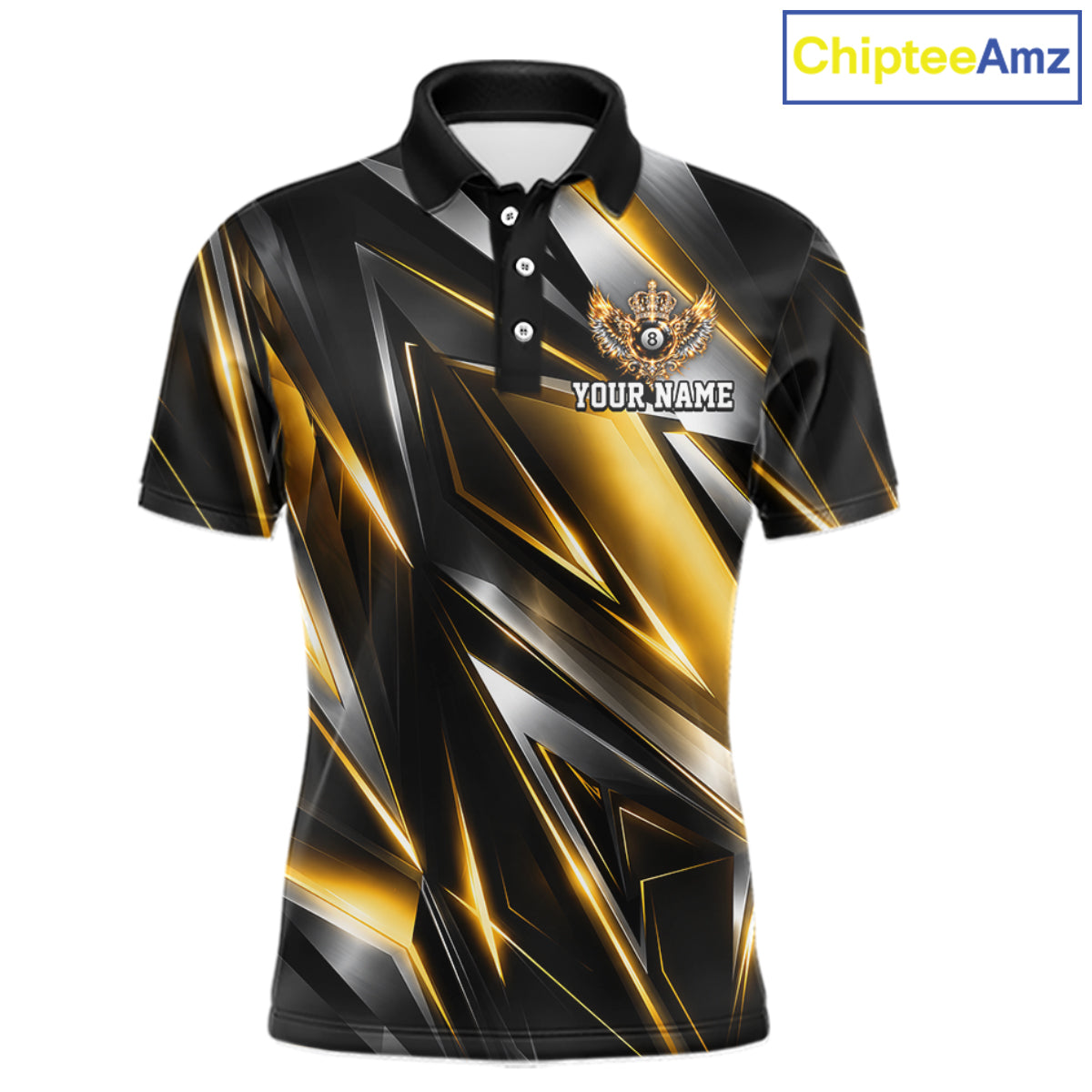 Custom Crown 8 Ball Wings Billiard Polo 1/4-Zip Shirt Silver & Gold Billiard Pool Team Jersey