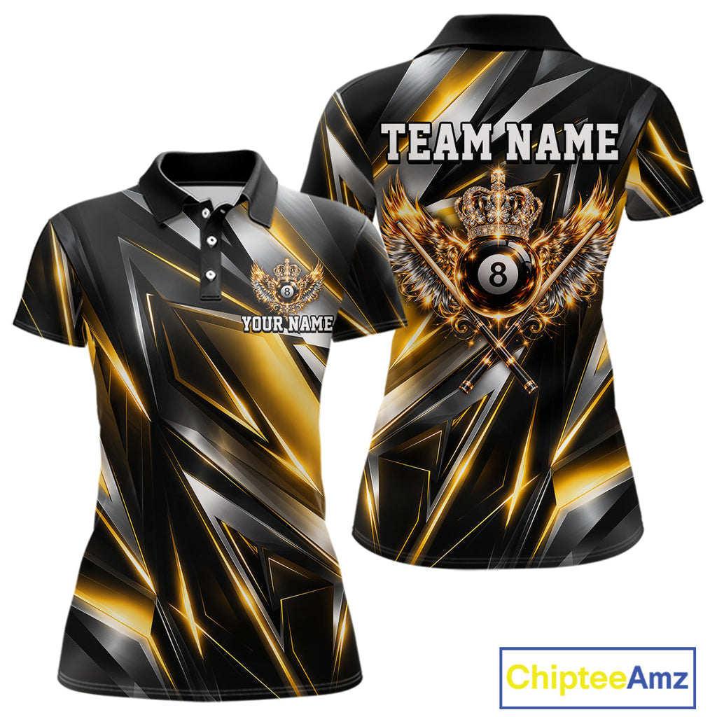 Custom Crown 8 Ball Wings Billiard Polo 1/4-Zip Shirt Silver & Gold Billiard Pool Team Jersey