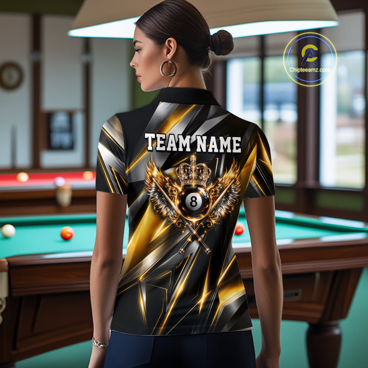 Custom Crown 8 Ball Wings Billiard Polo 1/4-Zip Shirt Silver & Gold Billiard Pool Team Jersey