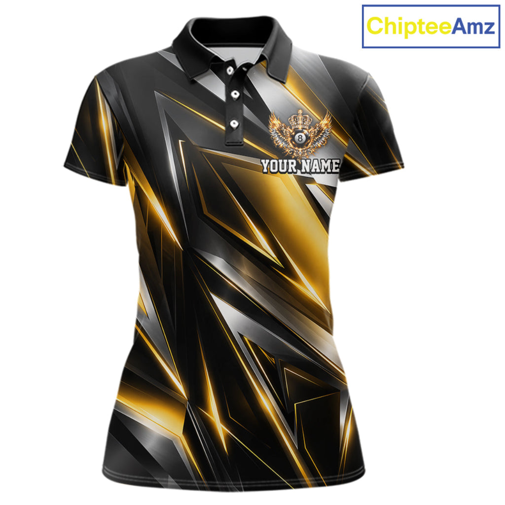 Custom Crown 8 Ball Wings Billiard Polo 1/4-Zip Shirt Silver & Gold Billiard Pool Team Jersey