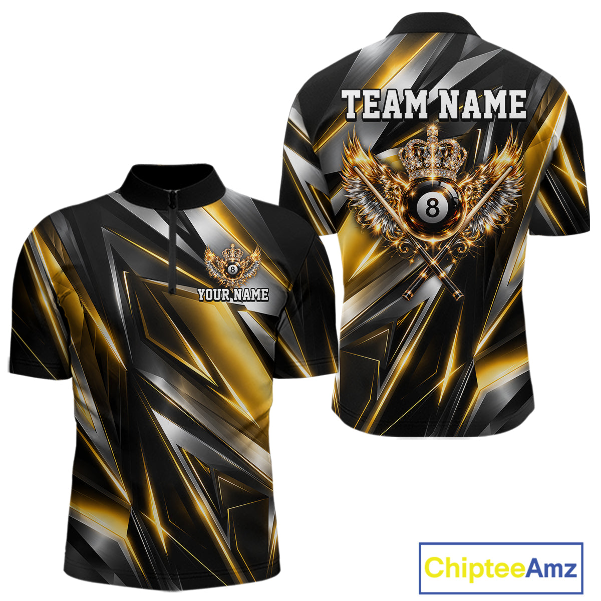 Custom Crown 8 Ball Wings Billiard Polo 1/4-Zip Shirt Silver & Gold Billiard Pool Team Jersey