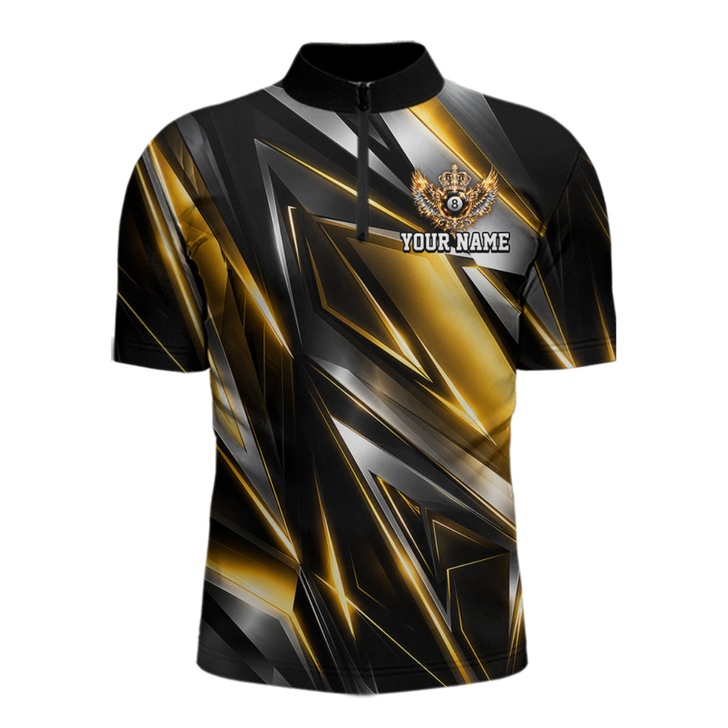 Custom Crown 8 Ball Wings Billiard Polo 1/4-Zip Shirt Silver & Gold Billiard Pool Team Jersey