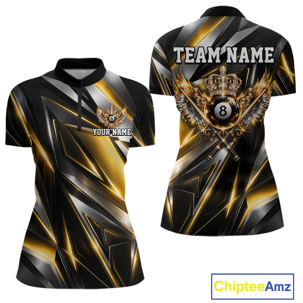 Custom Crown 8 Ball Wings Billiard Polo 1/4-Zip Shirt Silver & Gold Billiard Pool Team Jersey