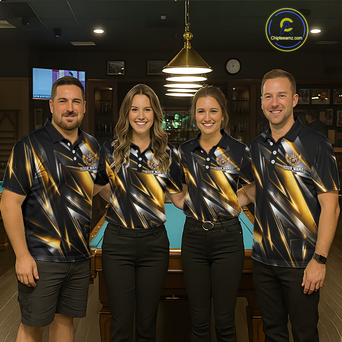 Custom Crown 8 Ball Wings Billiard Polo 1/4-Zip Shirt Silver & Gold Billiard Pool Team Jersey