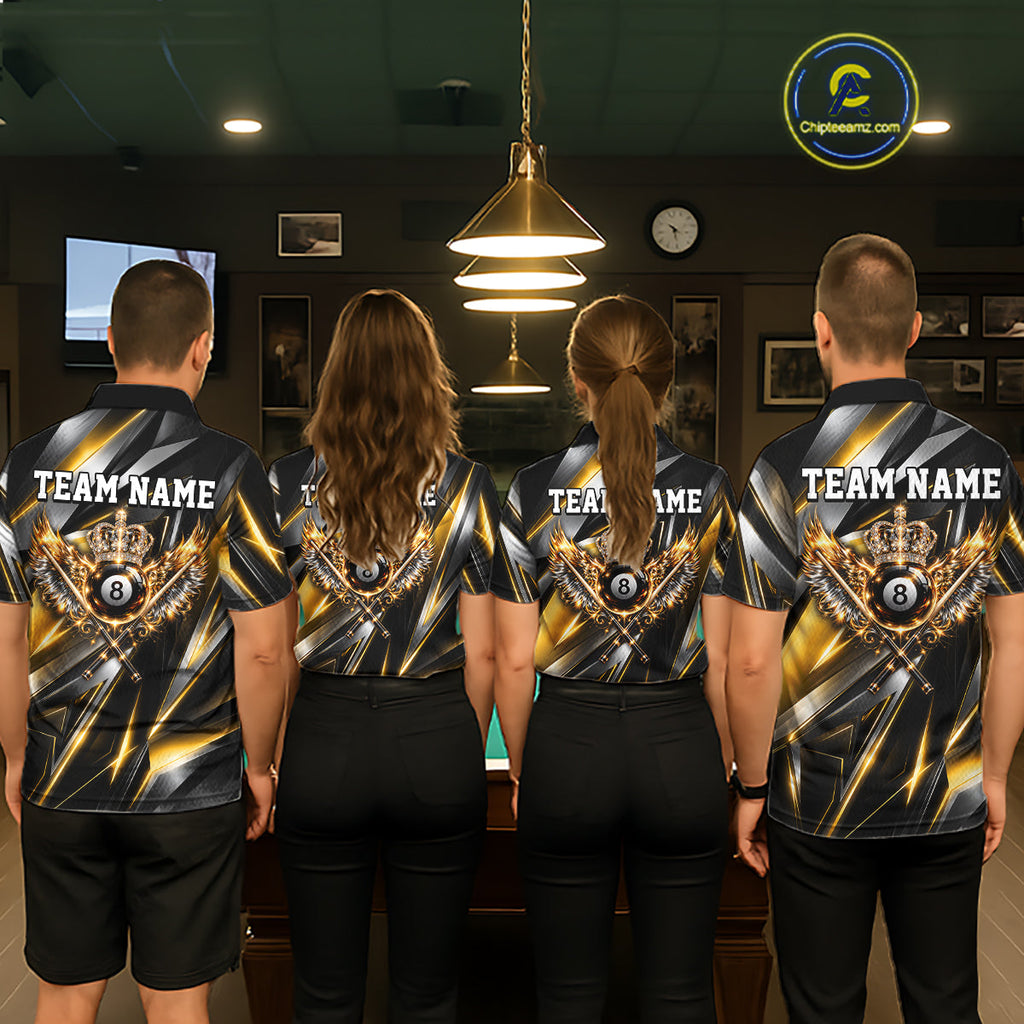 Custom Crown 8 Ball Wings Billiard Polo 1/4-Zip Shirt Silver & Gold Billiard Pool Team Jersey