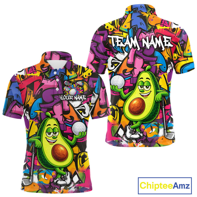 Personalized Name Golf Shirt Funny Avocado Golf Jersey Colorful Graffiti Golf Polo Shirt