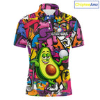 Personalized Name Golf Shirt Funny Avocado Golf Jersey Colorful Graffiti Golf Polo Shirt