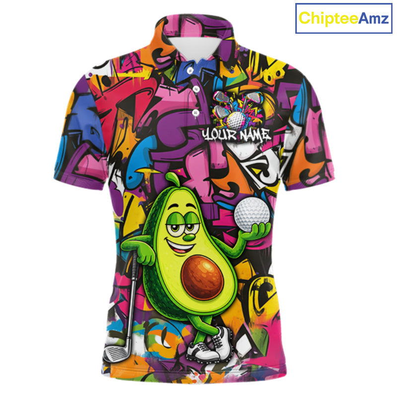 Personalized Name Golf Shirt Funny Avocado Golf Jersey Colorful Graffiti Golf Polo Shirt