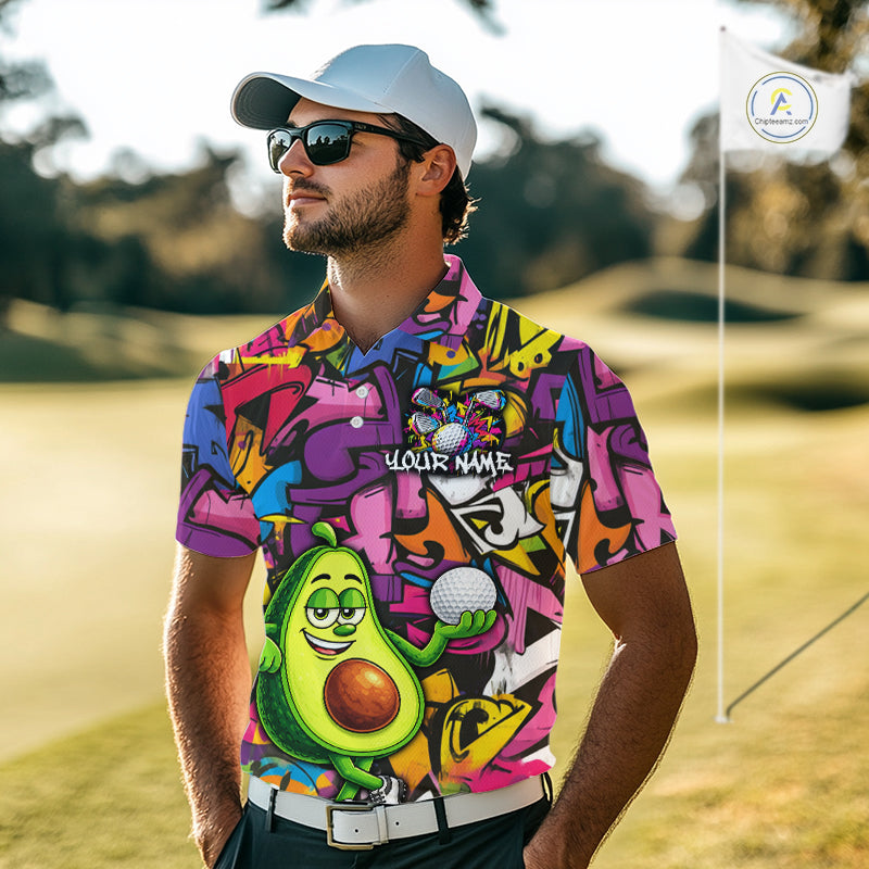 Personalized Name Golf Shirt Funny Avocado Golf Jersey Colorful Graffiti Golf Polo Shirt