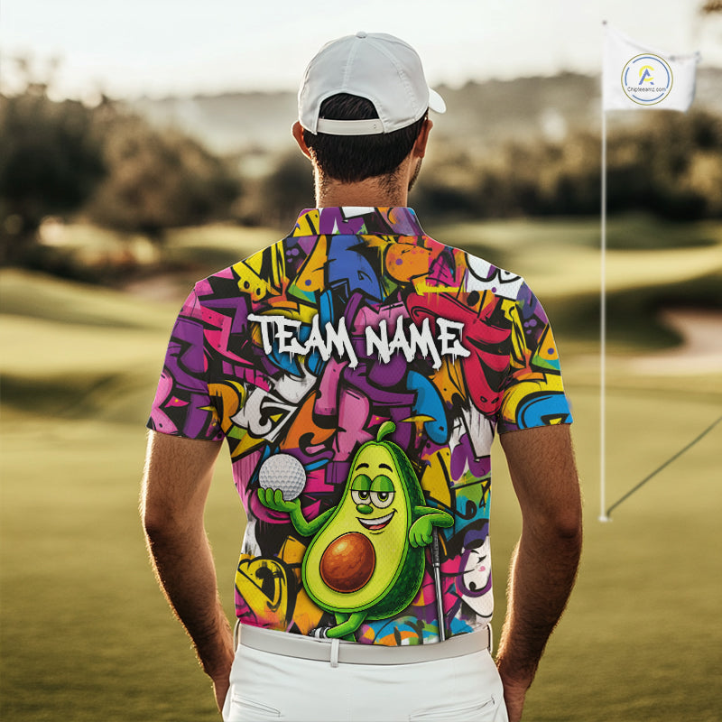 Personalized Name Golf Shirt Funny Avocado Golf Jersey Colorful Graffiti Golf Polo Shirt