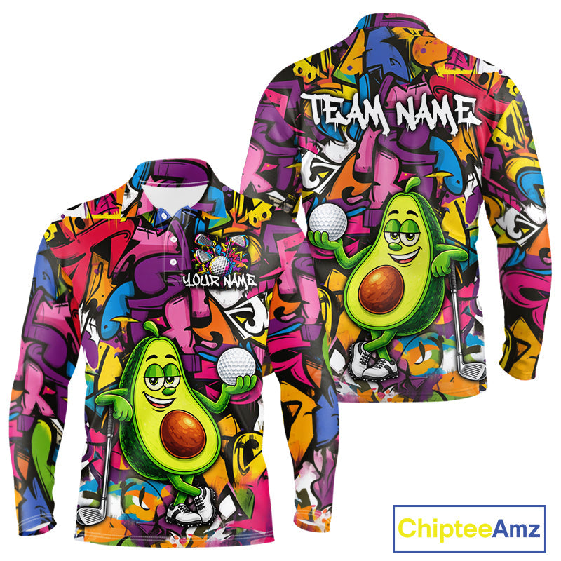 Personalized Name Golf Shirt Funny Avocado Golf Jersey Colorful Graffiti Golf Polo Shirt