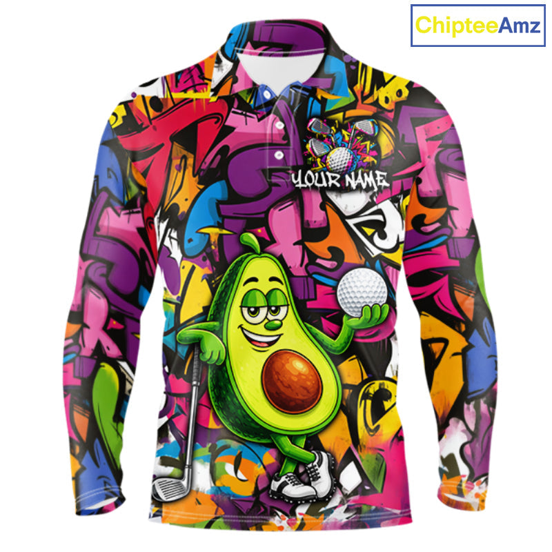 Personalized Name Golf Shirt Funny Avocado Golf Jersey Colorful Graffiti Golf Polo Shirt