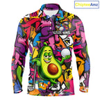 Personalized Name Golf Shirt Funny Avocado Golf Jersey Colorful Graffiti Golf Polo Shirt