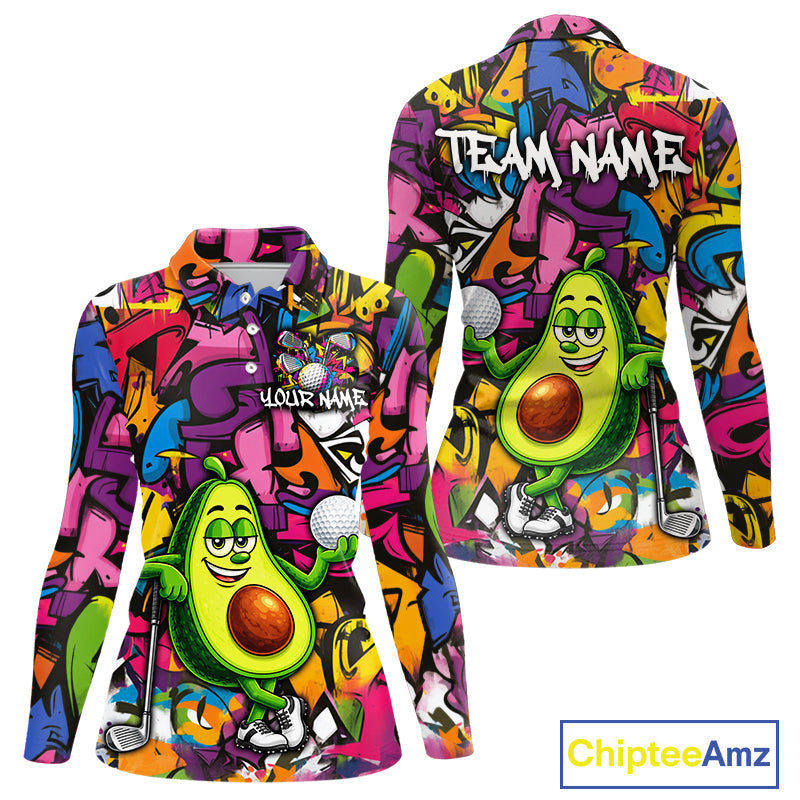 Personalized Name Golf Shirt Funny Avocado Golf Jersey Colorful Graffiti Golf Polo Shirt