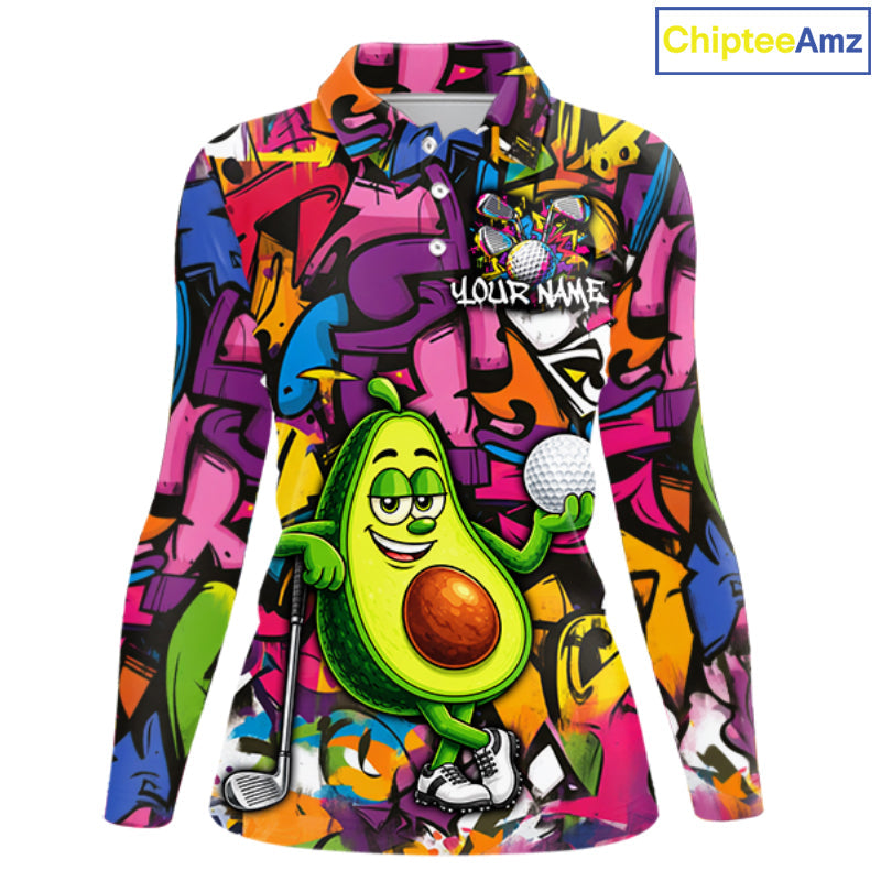 Personalized Name Golf Shirt Funny Avocado Golf Jersey Colorful Graffiti Golf Polo Shirt