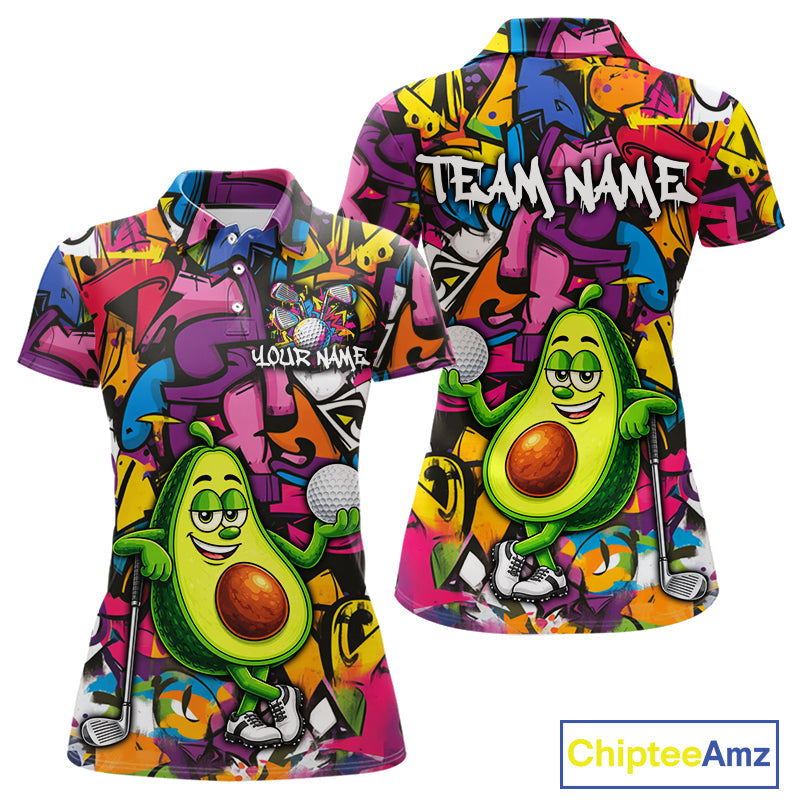 Personalized Name Golf Shirt Funny Avocado Golf Jersey Colorful Graffiti Golf Polo Shirt