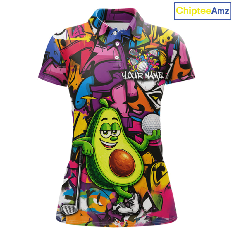Personalized Name Golf Shirt Funny Avocado Golf Jersey Colorful Graffiti Golf Polo Shirt